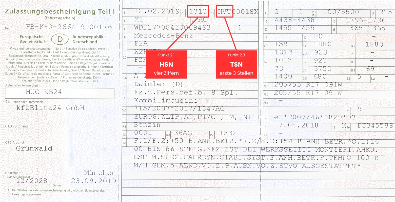 Zulassungsbescheinigung Teil I mit markierten Feldern 2.1 (HSN) und 2.2 (TSN)